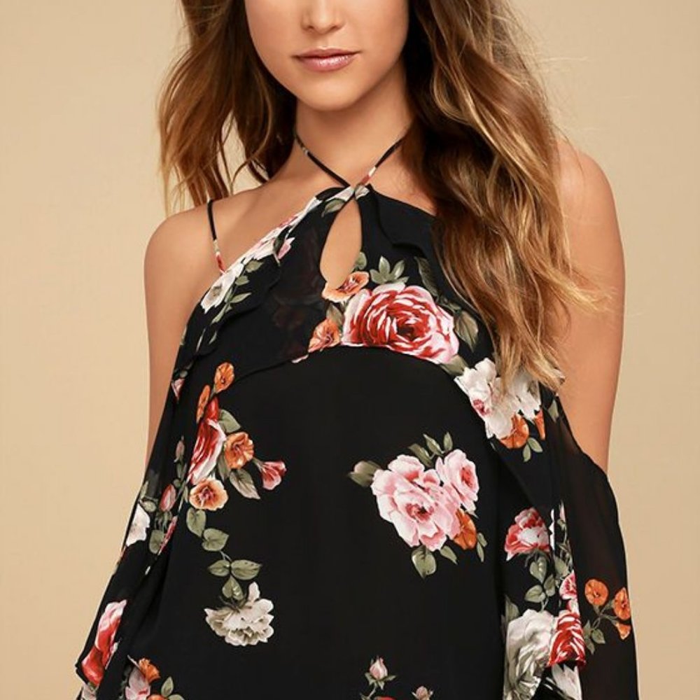 Lulus For the Love of Flowers Black Floral Top